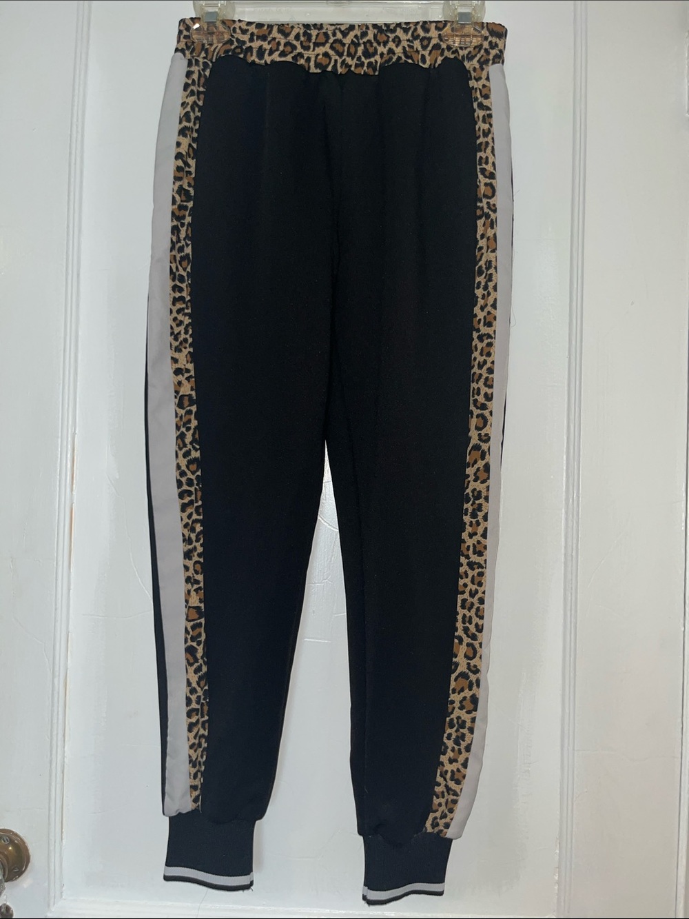 Vintage Havana Black Joggers with Leopard Trim & White Side Panels